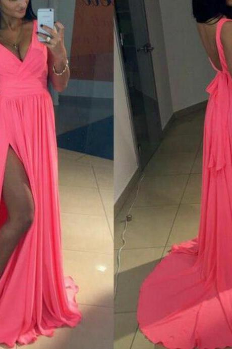 Dark Pink Deep V-neckline Chiffon Party Dress With Slit, Sexy Evening Formal Dresses,formal Gowns