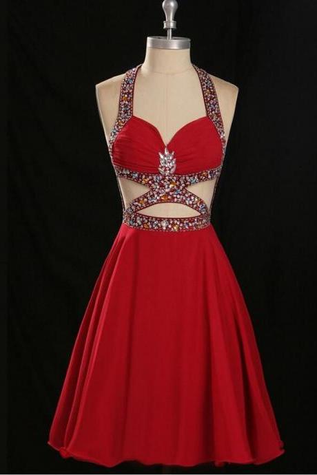 Red Open Back Halter Homecoming Dress,Backless Short Prom Dresses,Custom Made Party Dress,Graduation Dresses
