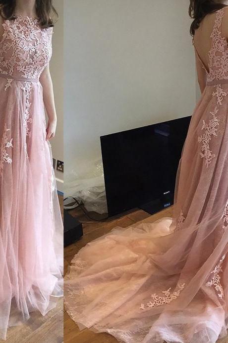 Pink Charming Lace And Tulle V Back Prom Gowns With Train, Pink Party Dresses, Evening Gowns
