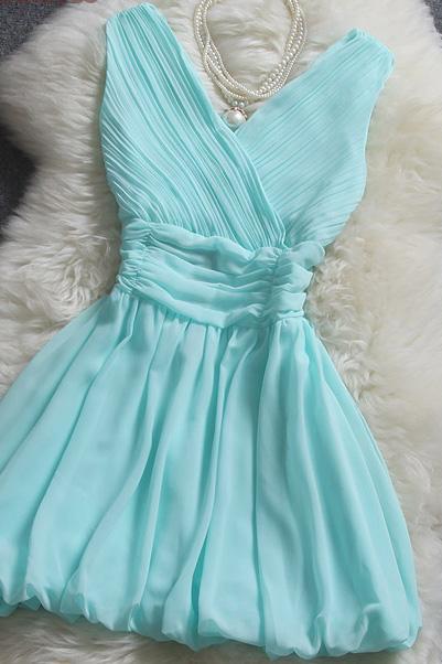 Cute Mint Blue V-neckline Chiffon Short Party Dresses, Short Bridesmaid Dresses, Women Party Dresses