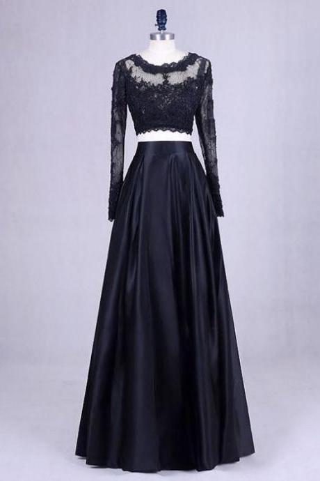 Black Two Piece Long Sleeves Prom Dresses, Two Piece Party Dresses, Formal Dresses, Black Prom Dresses