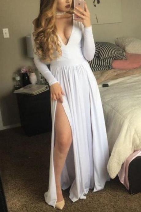Long Sleeves V-neckline White Prom Dresses, Sexy Long Formal Dresses, Evening Dresses for Sale