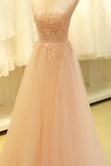 Pink Pretty Tulle Backless Applique Party Dresses, Pink Prom Gowns 2018, Formal Dresses