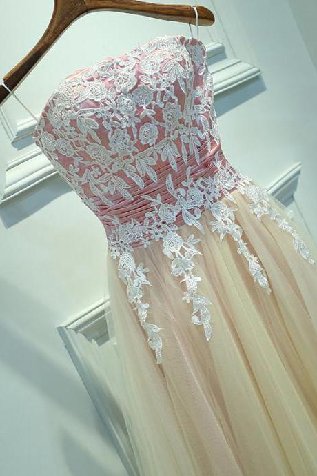 Lovely Strapless Tea Length Vintage Prom Dresses, Floral Lace Applique Party Dresses, Teen Homecoming Dresses