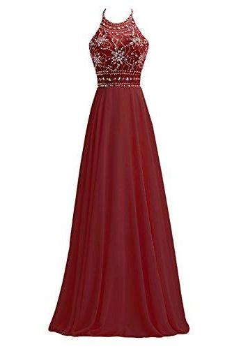 Wine Red Halter Beaded Long Chiffon Prom Dresses 2018, Long Party Dresses, Dark Red Prom Dresses