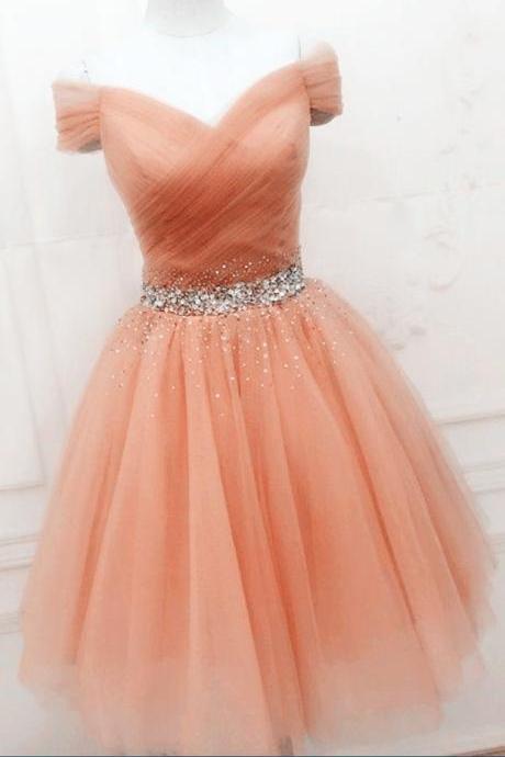 Pearl Pink Vintage Tulle Beaded Off Shoulder Cute Prom Dresses, Prom Dresses 2018, Formal Dresses 2018