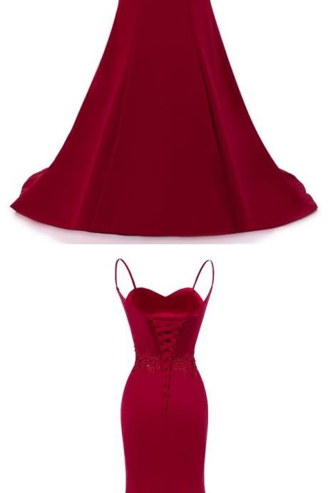 Dark Red Straps Long Formal Dresses, Red Mermaid Party Dresses, Red Formal Dresses