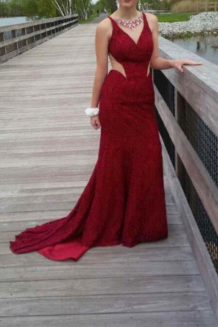 Dark Red Lace Style Beaded Round Neckline Mermaid Prom Dresses, Red Formal Dresses, Evening Gowns, Formal Dresses