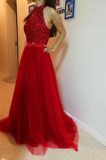Red Sequins and Beading Bodice Tulle Prom Dresses, Halter Backless Prom Dresses 2018, Formal Gowns 