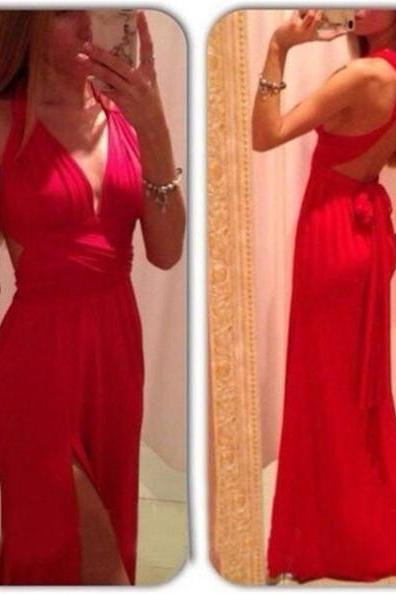 Charming Red Prom Dress, Sleeveless Halter Cross Back Prom Dress , Red Party Dresses