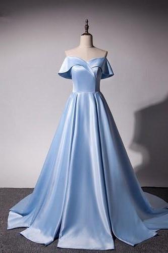 Ice Blue Satin Princess Gowns, Light Blue Prom Dresses 2018, Gorgeous Off Shoulder Party Dresses