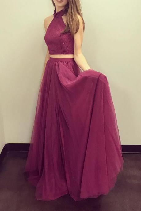 Gorgeous Two Piece Halter Long Red Prom Dress Evening Dress, Pretty Tulle And Beaded Prom Dresses, Party Dresses