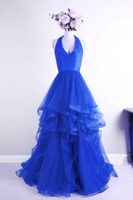 Beautiful Royal Blue V-neckline Halter Tulle High Low Party Dresses, Royal Blue Prom Dresses 2018, Formal Gowns