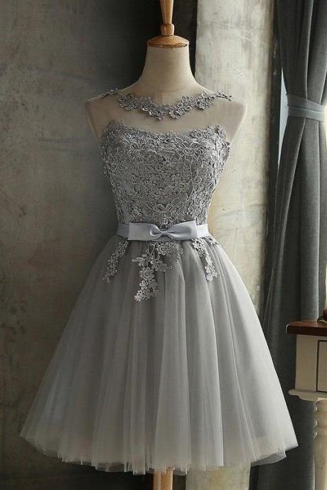 Grey Tulle Cute Knee Length Prom Dress Lace Applique, Homecoming Dresses, Cute Party Dresses 2018