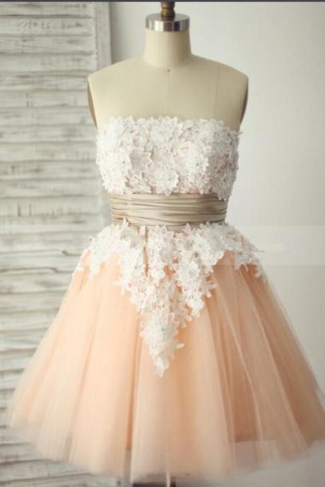 Cute Pink Short Tulle Homecoming Dress With White Lace Applique, Pink Party Dresses, Short Prom Dresses