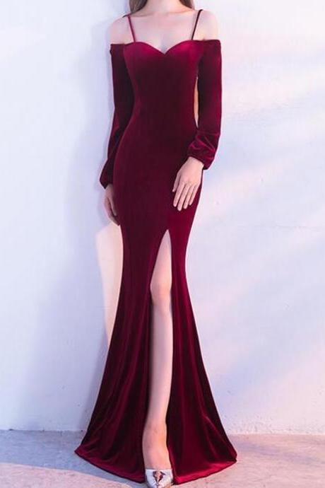 Burgundy Velvet Mermaid Cold Shoulder Long Sleeves Split Prom Dresses, Evening Party Dresses, Formal Gowns