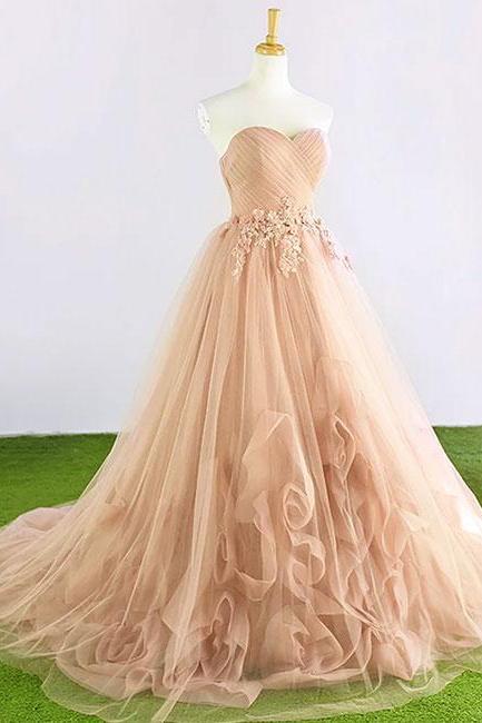 Champagne Tulle Prom Dresses, Gorgeous Lace-up Sweetheart Party Dresses, Long Prom Dresses 2018