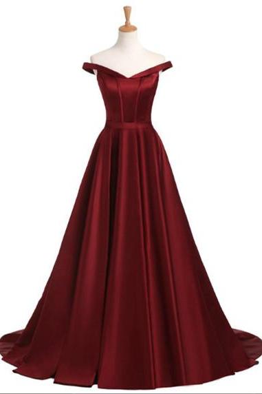 Wine Red Satin Off Shoulder A-line Popular Prom Dresses, Long Stylish Prom Dress 2018, Burgundy Formal Dresses