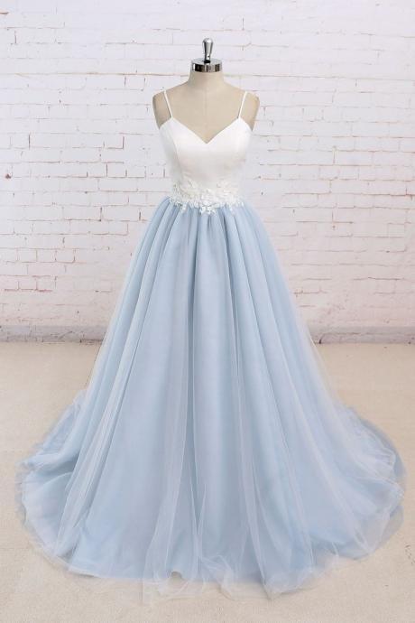 Light Blue Straps Sweetheart Long Princess Formal Gowns, Gorgeous Prom Dresses 2018, Prom Dresses