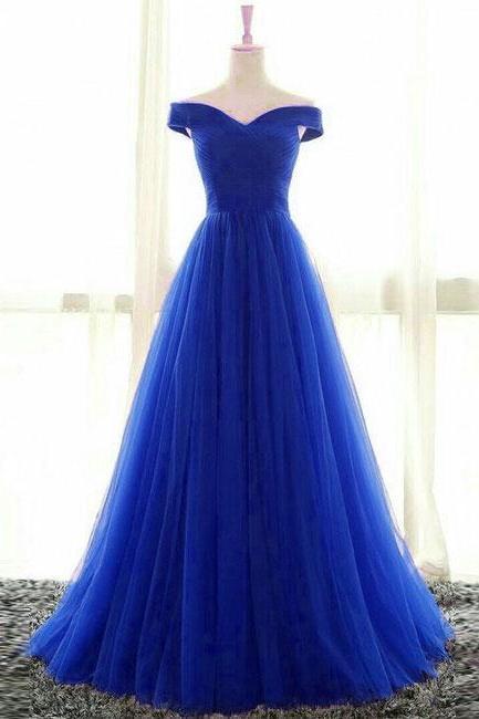 Royal Blue Sweetheart Tulle Long Evening Dresses, Royal Blue Off Shoulder Prom Dresses 2018, Formal Gowns