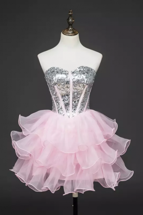Lovely Pink Mini Sequins Party Dresses, Pink Short Formal Dresses, Adorable Prom Dresses