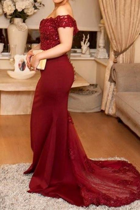 Burgundy Prom Dresses 2018, Off Shoulder Party Gowns, Long Bridesmaid Dresses 2018