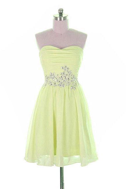 Light Yellow Simple Cute Short Beaded Prom Dresses, Homecoming Dresses, Lovely Party Dresses Chiffon