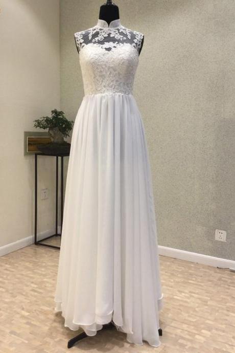 Elegant High Neck Lace Top And Chiffon Skirt Long Party Dresses, White Formal Dresses, Evening Gowns , Simple Wedding Dresses