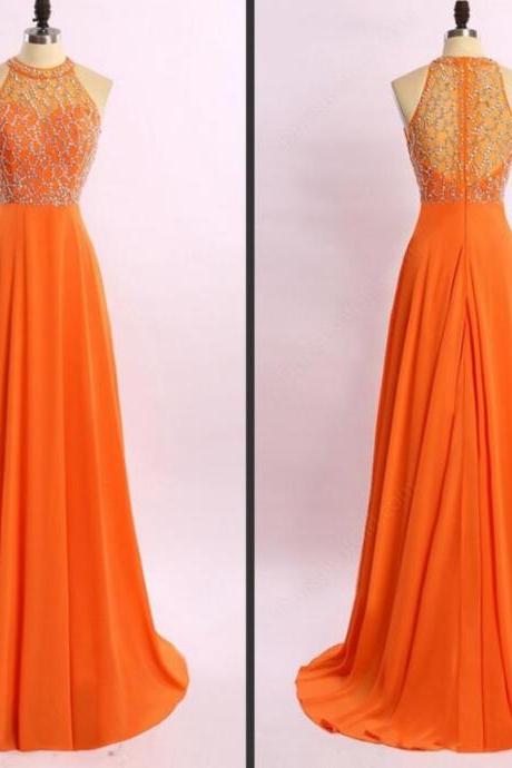 Orange Style Long Prom Dresses, A-line Prom Gowns, Beaded Party Dresses