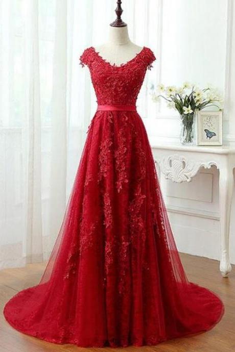 Lace And Tulle Long Burgundy Style Prom Dresses, Elegant Formal Dresses, A-line Floor Length Party Dressses