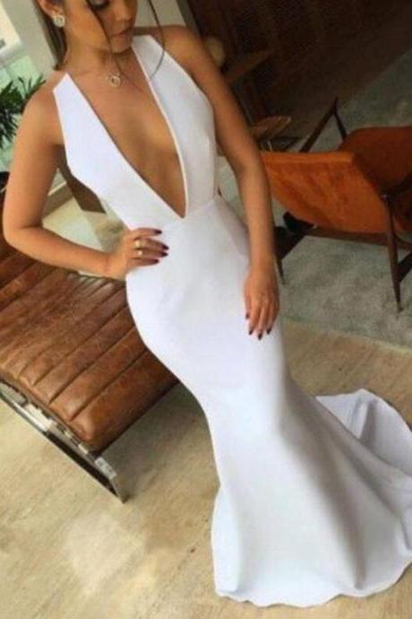 Custom Made White Plunging V-neckline Mermaid Evening Dress, Prom Dresses, Wedding Dresses