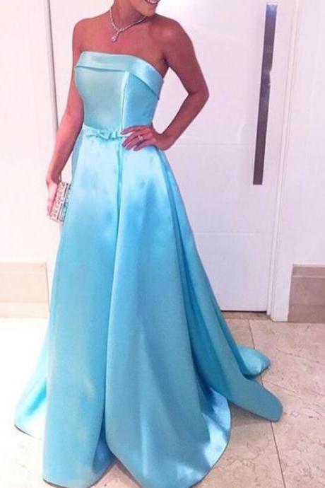 Lovely Prom Dresses Long, Blue Satin Strapless Party Dresses, A-line Prom Dresses