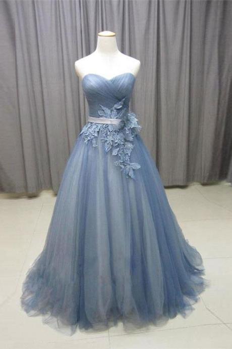 Gorgeous A-line Sweetheart Gray Blue Tulle Lace Long Prom Dress With Appliques, Vintage Style Formal Dresses, Prom Dresses 2018