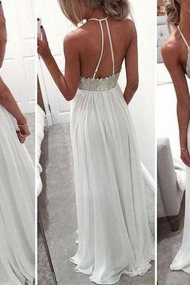 White A-line Backless Chic Prom Dresses, Halter Party Dresses, Formal Gowns 2018
