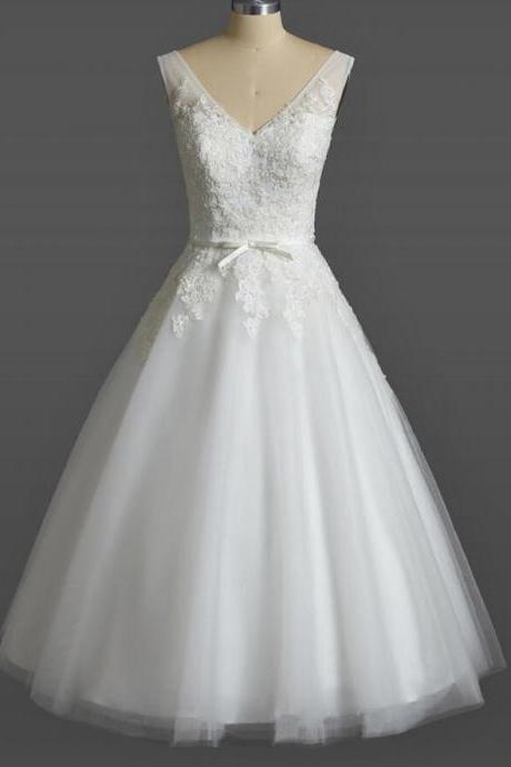 Tea Length Vintage White Wedding Dresses, Adorable Wedding Dresses, Party Dresses 2018