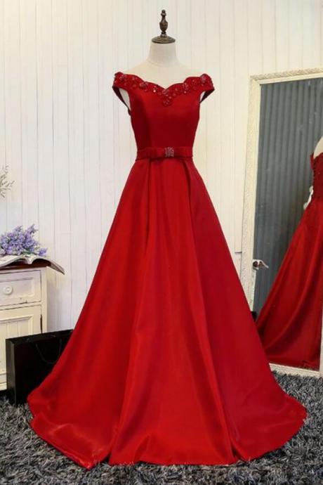 Satin Red Long Prom Dress with Beadings, Red Lace-Up Junior Prom Dresses, Prom Dresses 2018