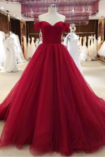 Wine Red Off Shoulder Princess Prom Gowns, Tulle Party Gowns, Gorgeous Formal Dresses 2018