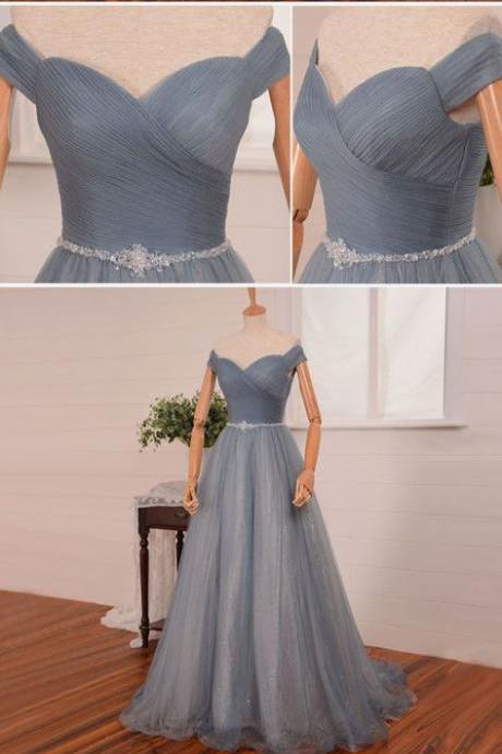 Grey Off Shoulder Sweetheart Long Prom Dresses, Tulle Party Gowns, Formal Dresses 2018