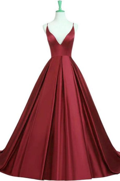 Satin Dark Red Long V-neck Open Back Prom Dress, Charming A Line Prom Party Dress, Cross Back Party Dresses