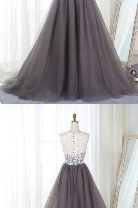 Grey Tulle And Lace Junior Prom Dresses, Ball Gowns, Elegant Evening Gowns
