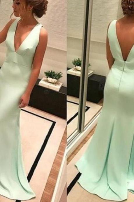 Lovely Mint Green Simple V-neckline Satin Evening Dresses, Prom Dresses 2018, Wedding Party Dresses
