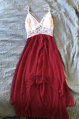 White Lace Top Straps Prom Dress with Wine Red Chiffon High Low Skirt, High Low Party Dresses, Homecoming Dresses