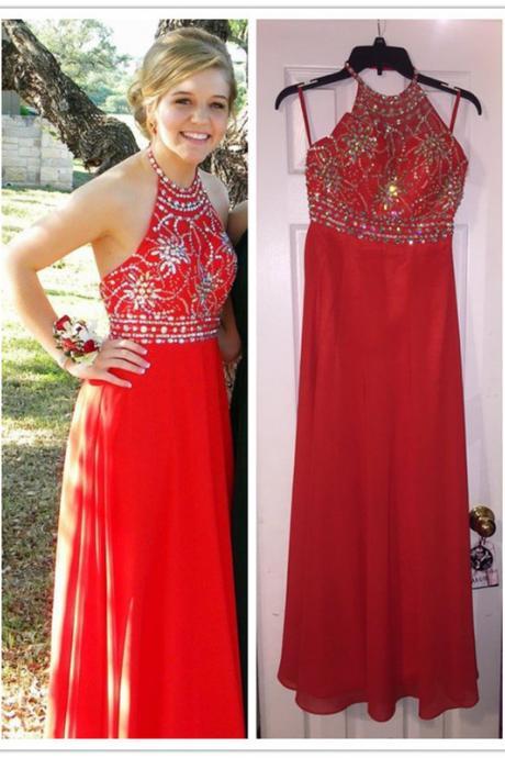 Red Chiffon Halter Beaded Long Prom Dresses 2018, Beaded Party Dresses, Red Prom Dress