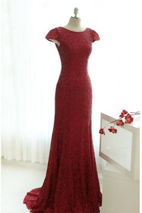 Dark Red Sequins Floor Length Cap Sleeve Party Dresses, Sequins Bridesmaid Dresses, Formal Dresses