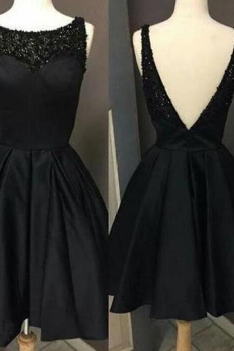 Black Short Satin V Back Prom Dresses, Beaded Little Black Dresses, Homecoming Dresses