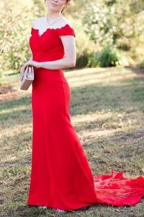 Charming Red Satin Mermaid Long Party Dress with Lace Detail, Long Prom Dresses, Red Bridesmaid Dresses