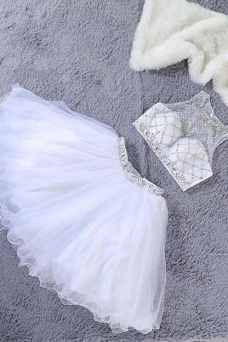 Lovely White Two Piece Beaded Tulle Prom Dresses, Short Prom Dresses, Homecoming Dresses