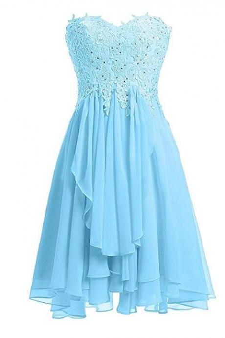 Light Blue Lace Applique And Chiffon Short Bridesmaid Dresses, Blue Party Dresses, Homecoming Dresses