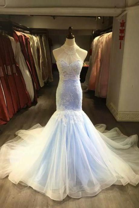 Lavender Tulle Mermaid Halter Prom Gown with Train, Party Dresses, Formal Gowns 