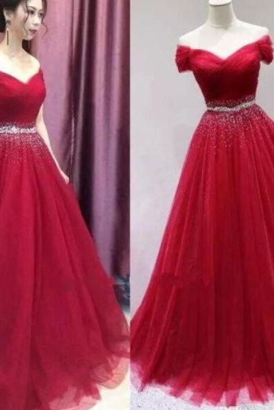 Red Tulle Sequins Off Shoulder Prom Dresses 2018, Red Party Dresses, Formal Gowns